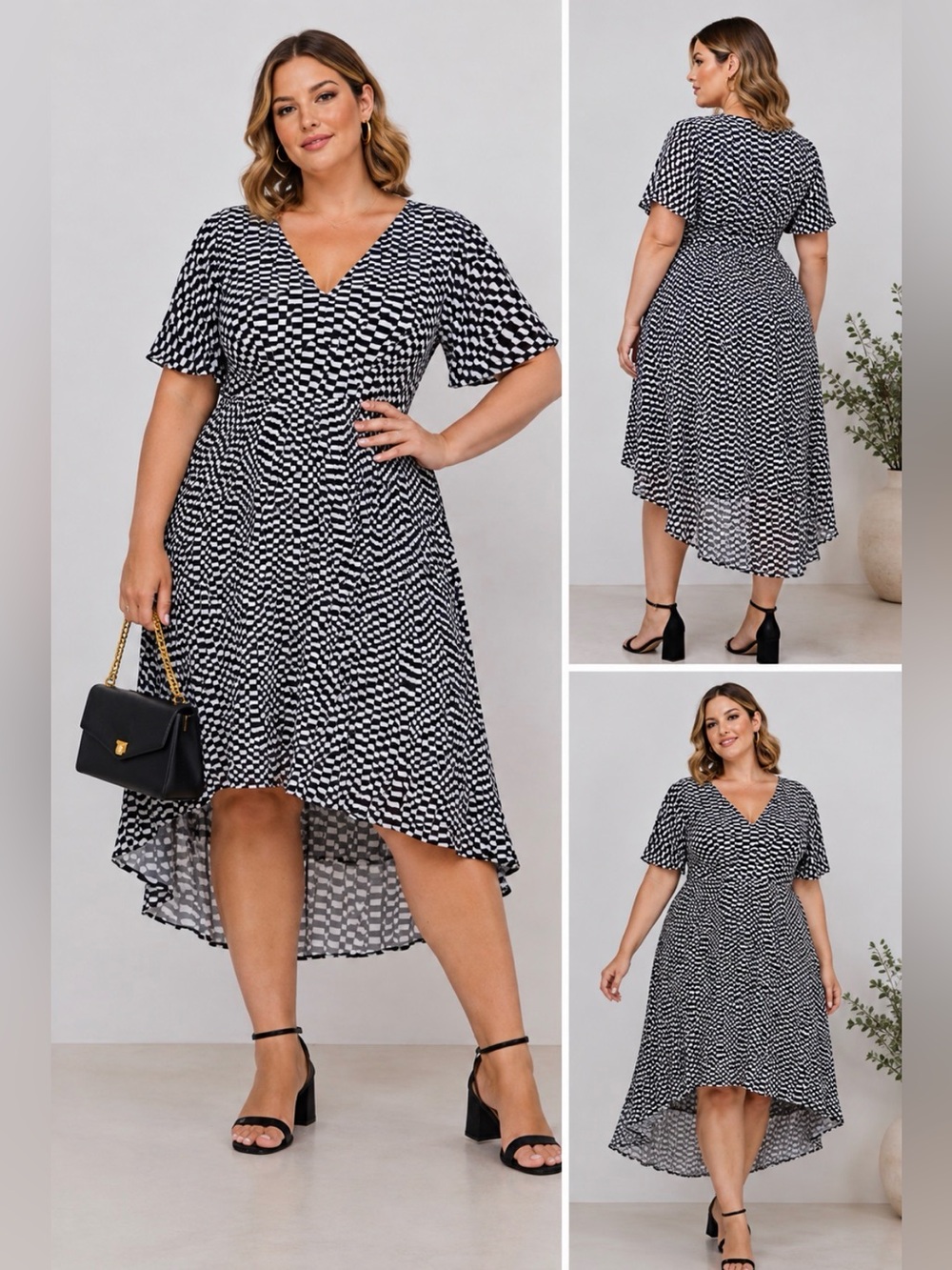 NWT Maree Pour Toi Black White Checkered High-Low Midi Dress L